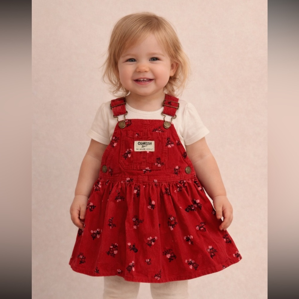 NWT OshKosh B'gosh Vibrant Red Floral Corduroy Overall Dress Jumper 18 Months